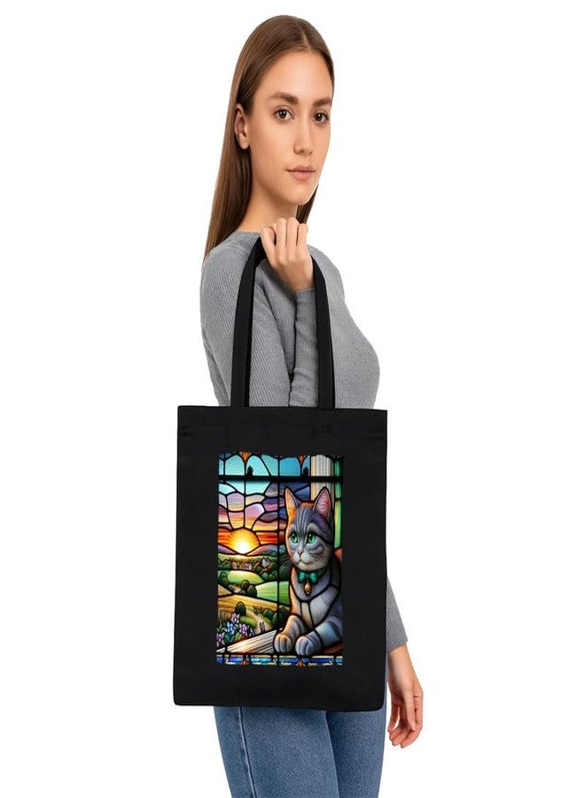 PrintingZone حقيبة تسوق سوداء من PrintingZone مزودة بجيب، حقائب قماشية مطبوعة بتصميمات مميزة للنساء، سعة كبيرة | حقيبة تسوق | للجامعة | للسفر | المزيد من حقائب اليد القماشية للجنسين (BTB43) - Image 3
